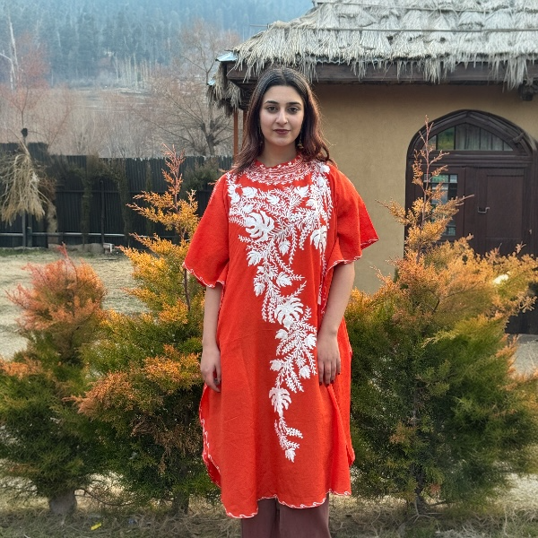 short orange colar kaftan with white ari embroidery
