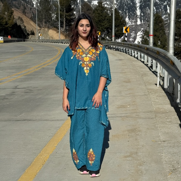 sea green mini kaftan cord set with multitone ari embroidery