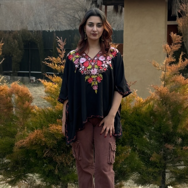 Black Mini Kaftan with Kashmiri Multitone Aari Embroidery – 25 Inch